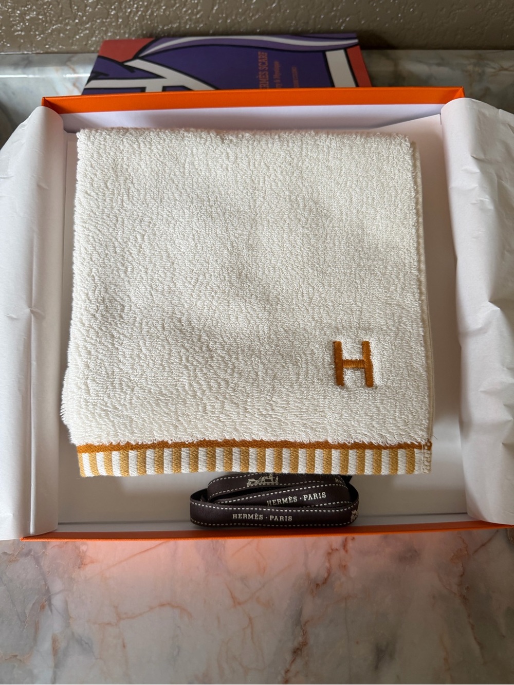 Hermes Cream and Orange Reversible Stripe Hand Towel with Embroidered H